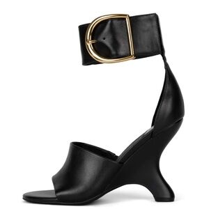 JEFFEREY CAMPBELL METAMORPH HEELS - BLACK LEATHER - GOLD BUCKLE